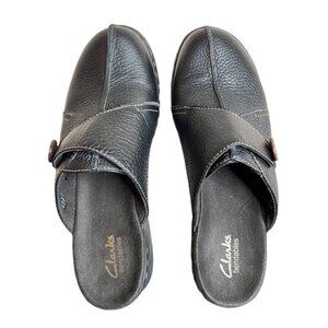 Clarks Bendables Black Leather Slip-On Mules With Button Detail Size 8.5M **READ